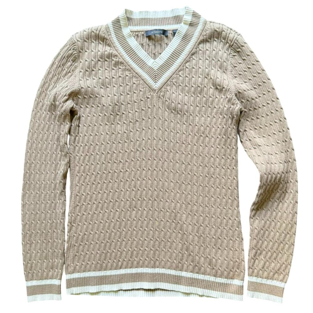 Liz Claiborne Preppy Cable Knit V-Neck Sweater Beige M